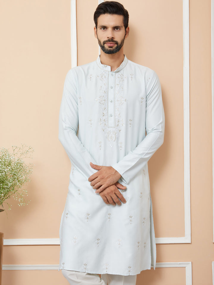 Light Blue Embroidered Zara Silk Straight Kurta