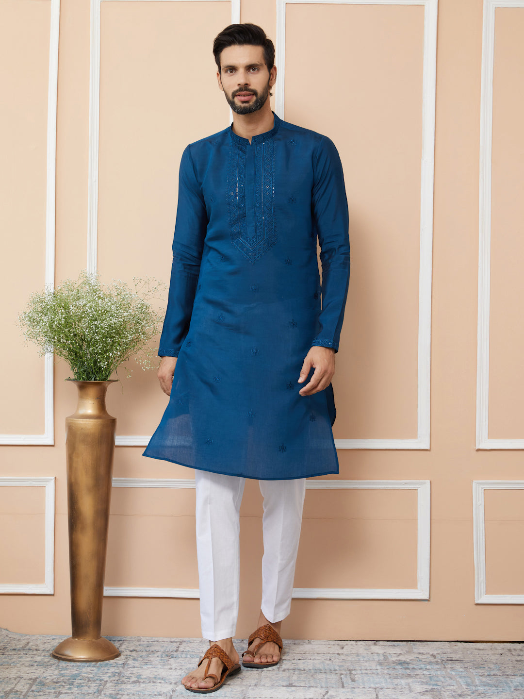 Navy Blue Embroidered Chanderi Silk Straight Kurta