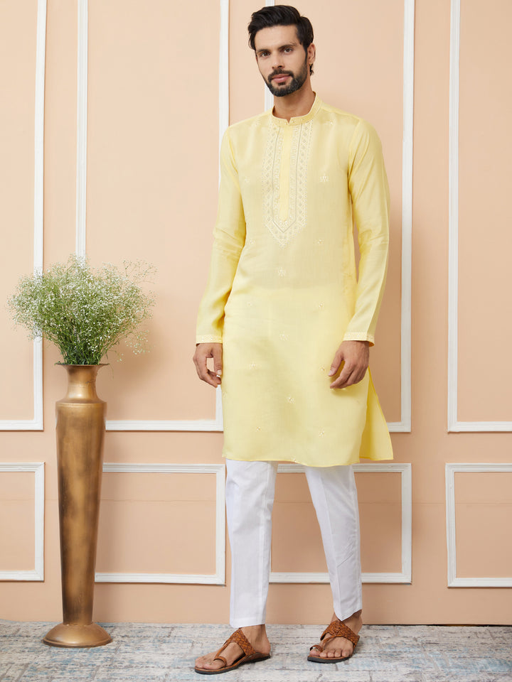 Yellow Embroidered Chanderi Silk Straight Kurta with Pyjama