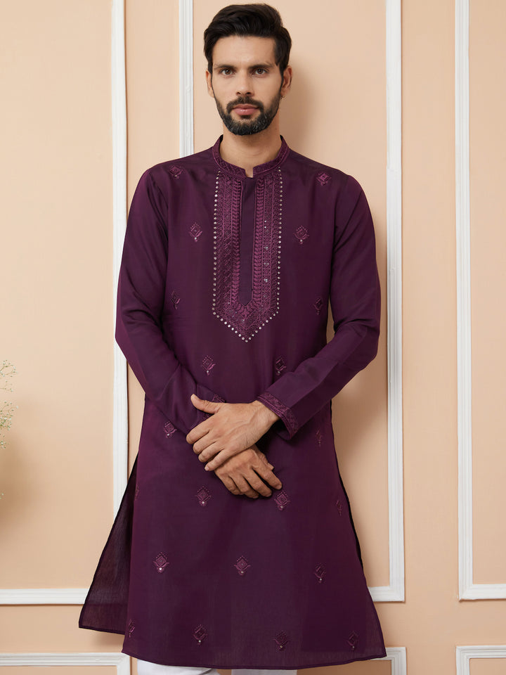 Dark Purple Embroidered Chanderi Silk Straight Kurta