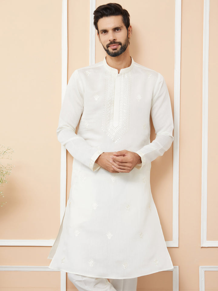 Off-White Embroidered Chanderi Silk Straight Kurta