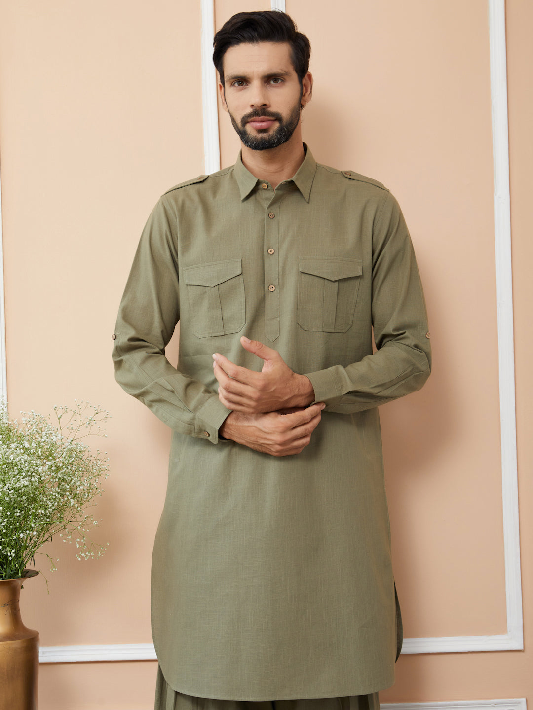 Olive Cotton Slub Pathani kurta with Salwar