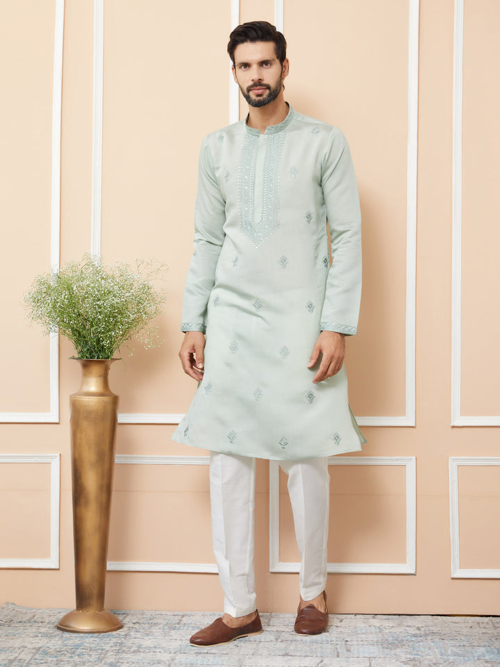 Pastel Green Embroidered Chanderi Silk Straight Kurta