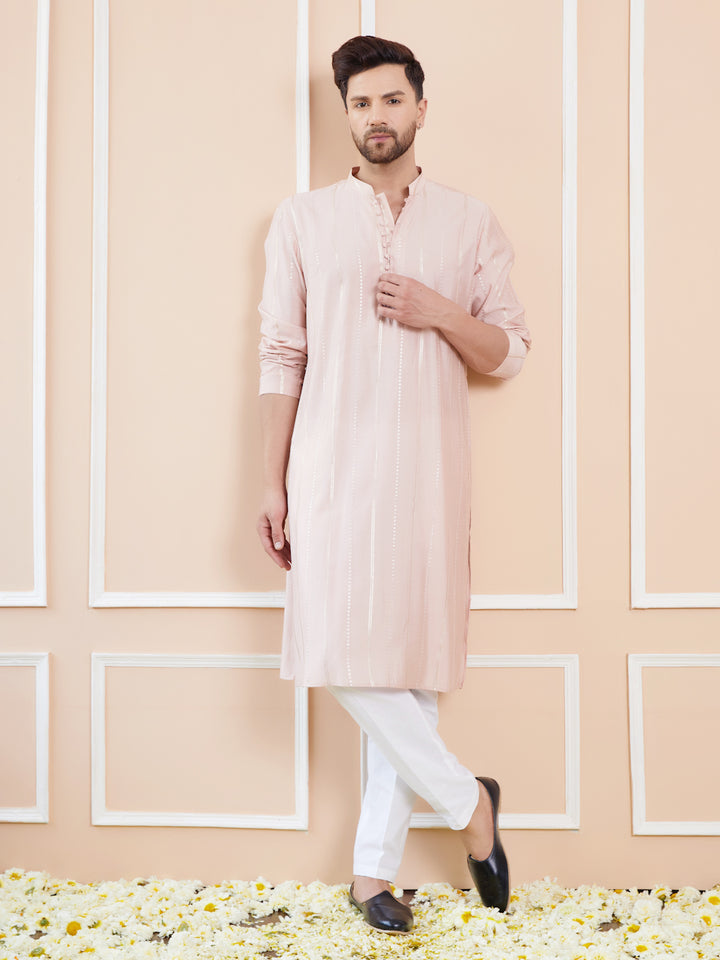 Men Pink and Gold Sequins Embroidered Chanderi Silk Straight Kurta With Pyjama