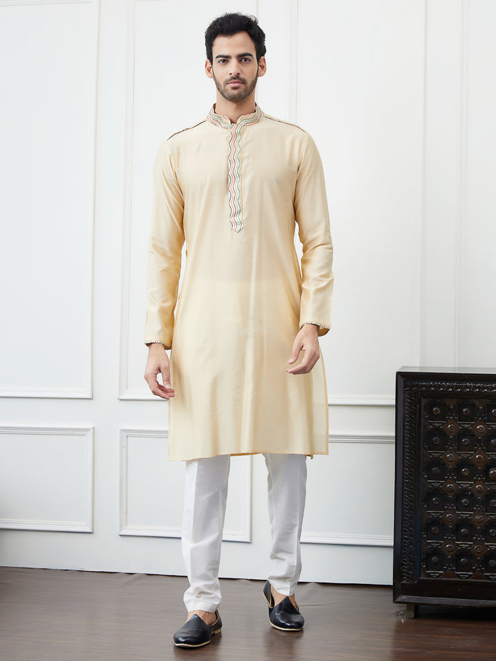 Solid Pure Cotton Straight Kurta with Embroidered Flacked and Pyjama