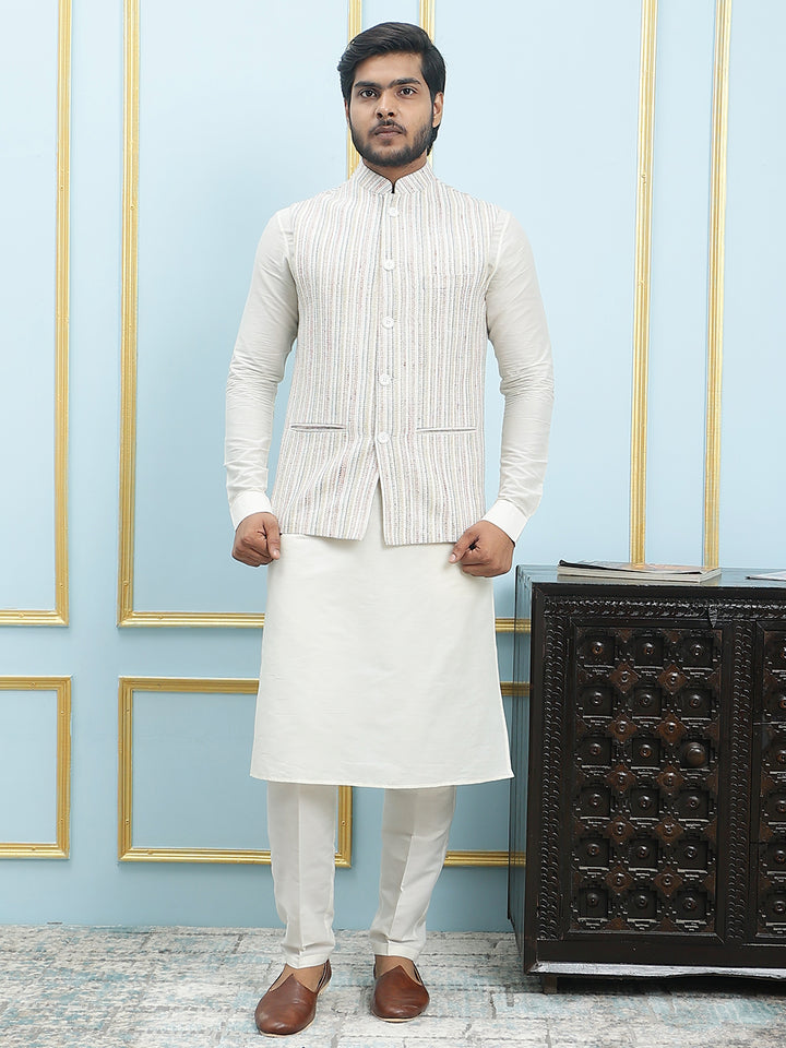 Pure Silk Straight Kurta & Pyjama Set with Handwoven Nehru Jacket