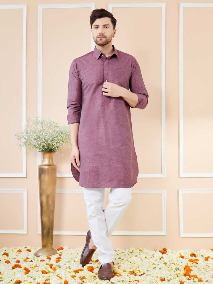 Purple Cotton Solid Pathani Kurta with Pyjama