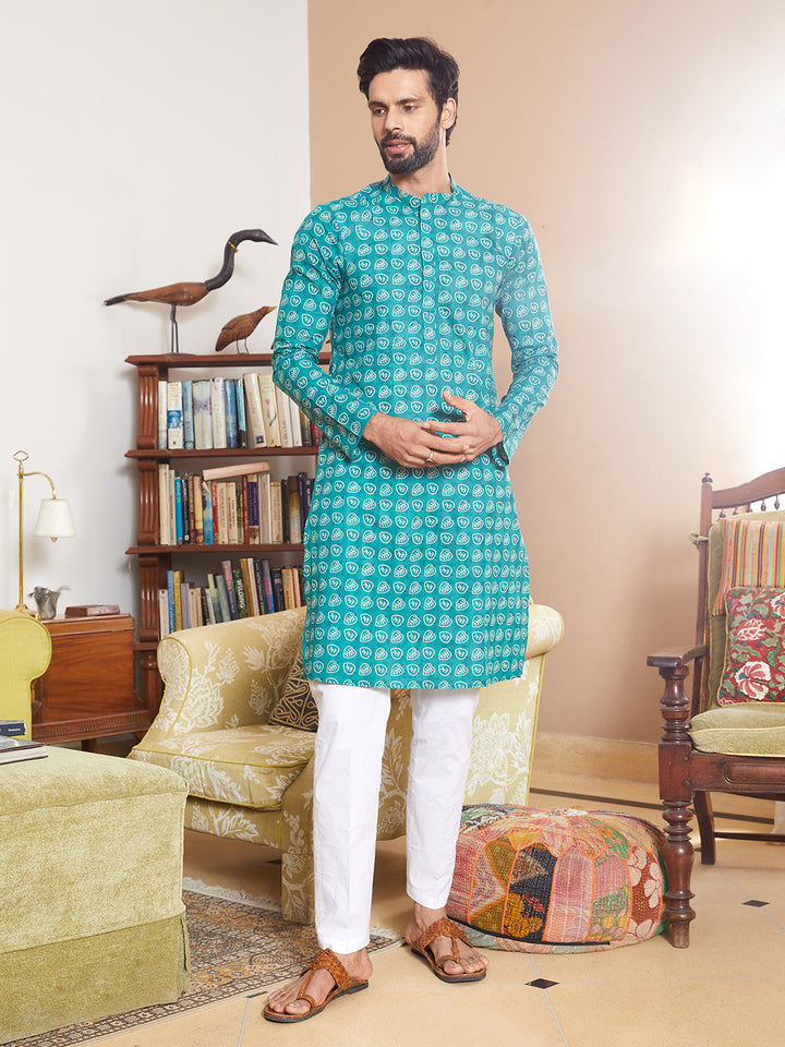 Leaf Printed Pure Cotton Straight Kurta with Pyjama