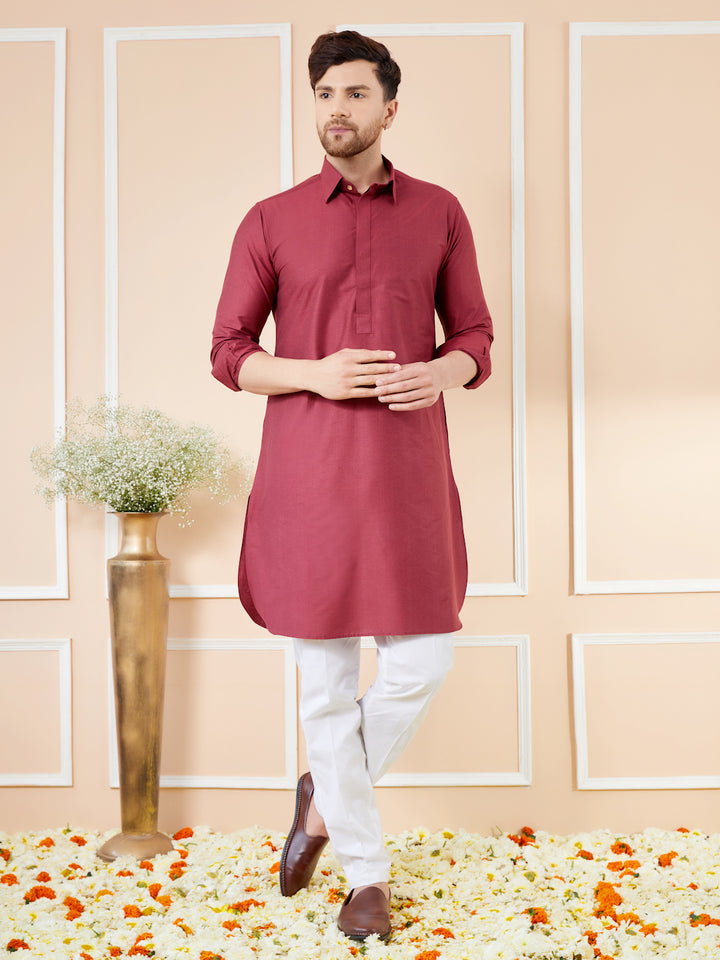 Red Cotton Solid Pathani Kurta with Pyjama