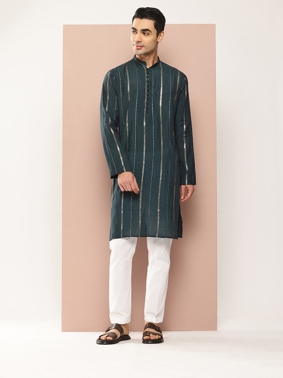 Dark Blue Chanderi Silk Kurta with Sequin Embroidery, Paired with Pyjama