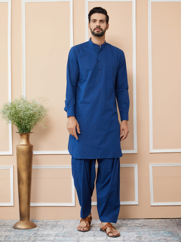 Navy Cotton Slub Pathani kurta with Salwar