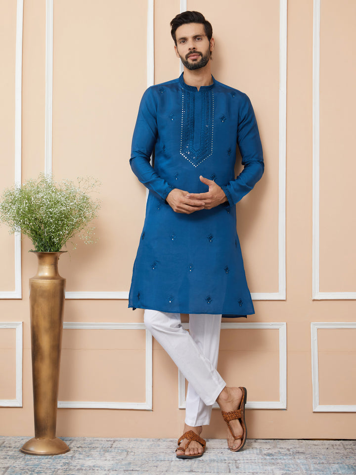 Dark Blue Embroidered Chanderi Silk Straight Kurta