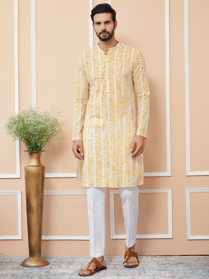 White-Yellow Printed Pure Cotton Straight Kurta with Pyjama