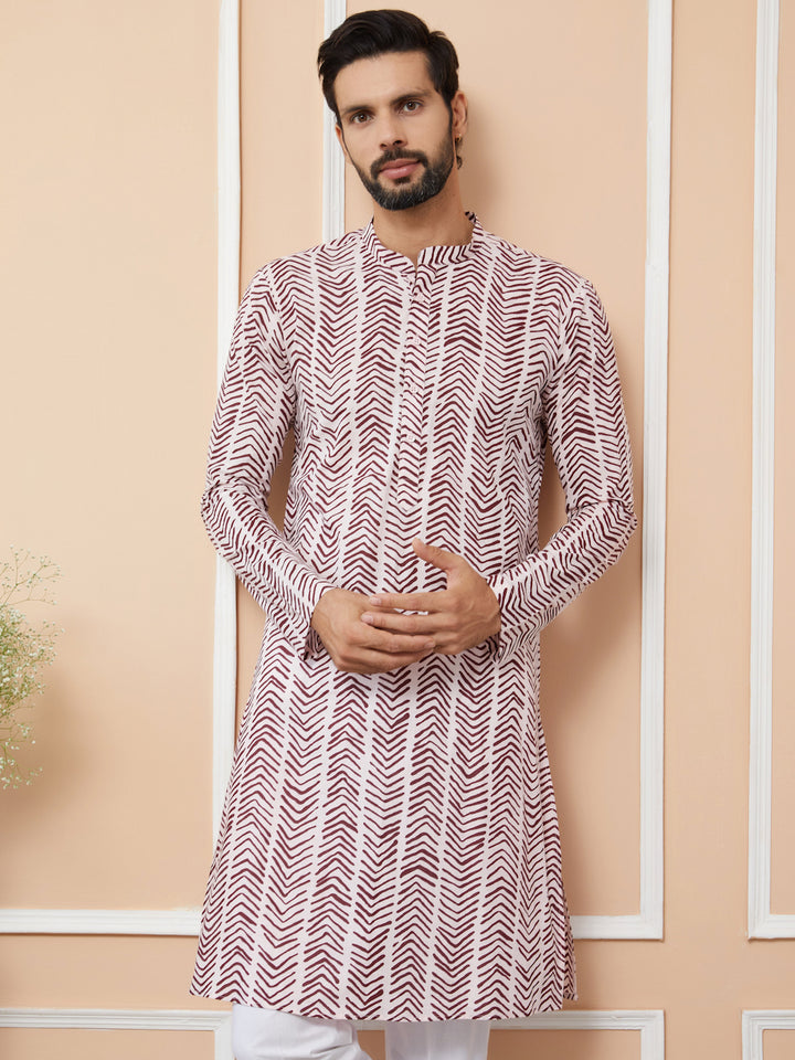 Baby Pink-Brown Printed Pure Cotton Straight Kurta