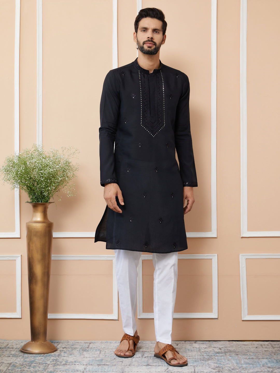 Black Embroidered Chanderi Silk Straight Kurta