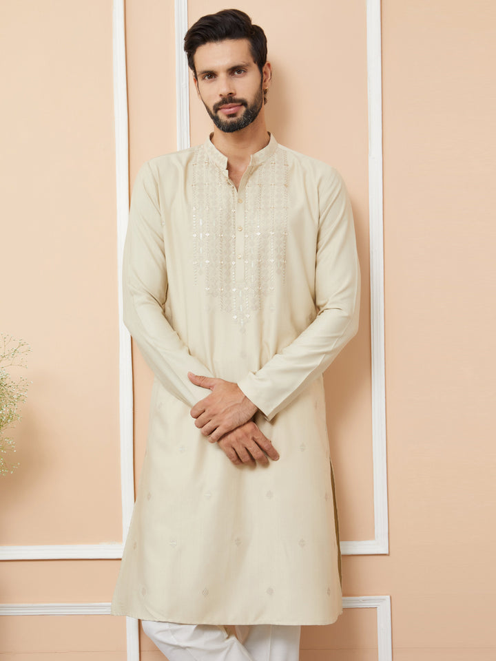 Beige Embroidered Zara Silk Straight Kurta