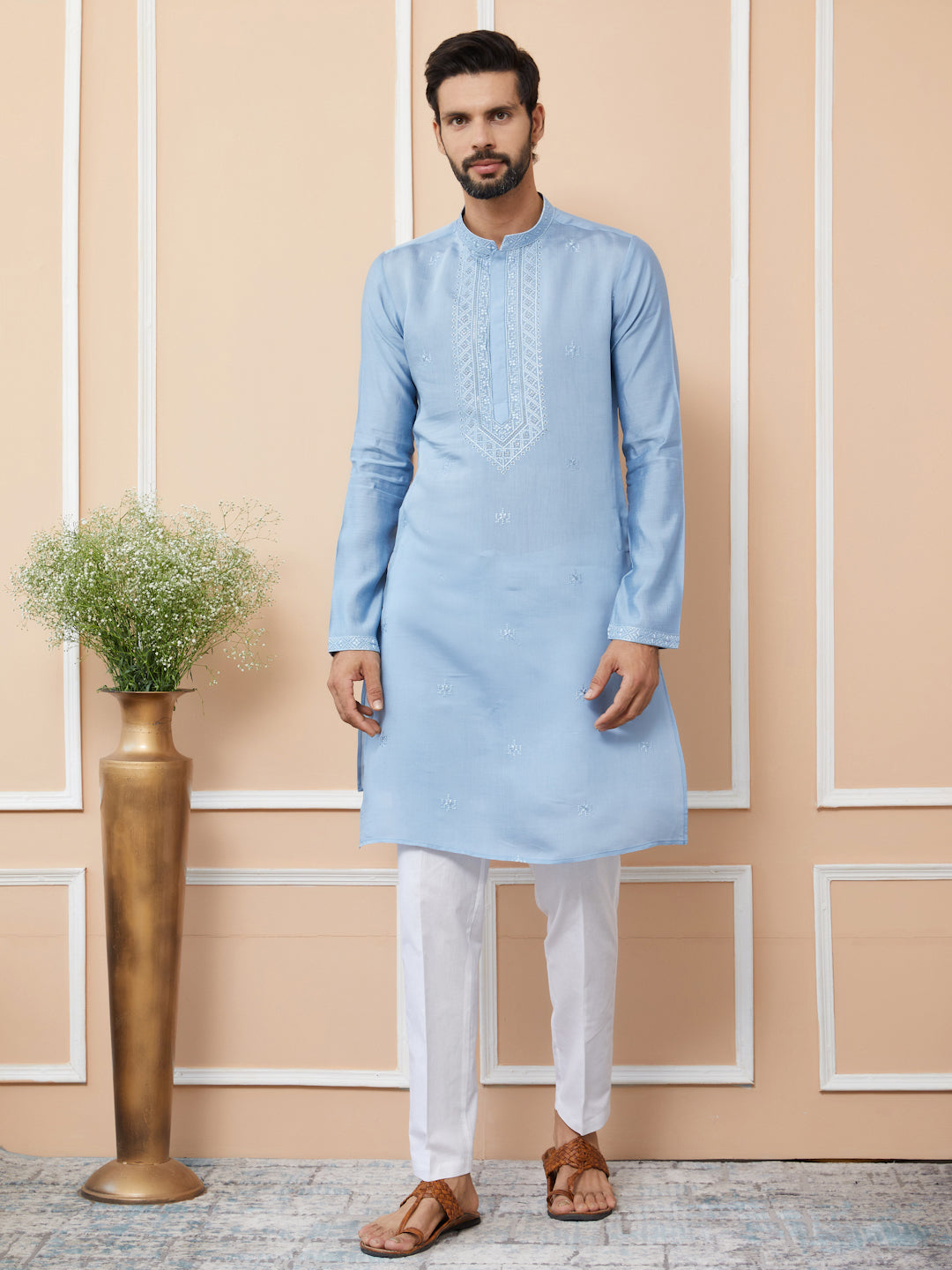 Light Blue Embroidered Chanderi Silk Straight Kurta