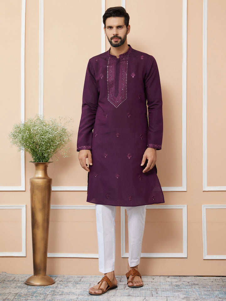 Dark Purple Embroidered Chanderi Silk Straight Kurta with Pyjama