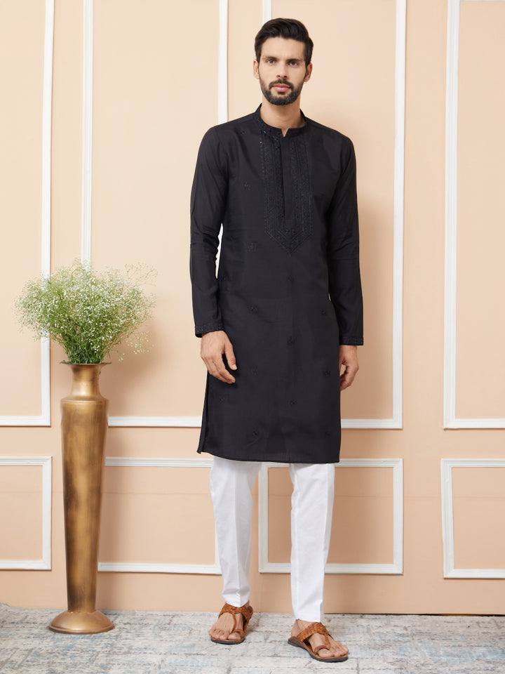 Black Embroidered Chanderi Silk Straight Kurta with Pyjama