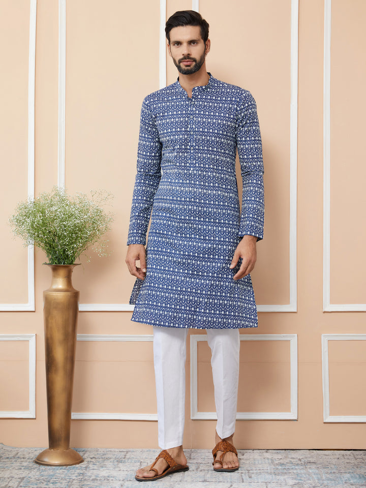 Blue Printed Pure Cotton Straight Kurta with Pyjama