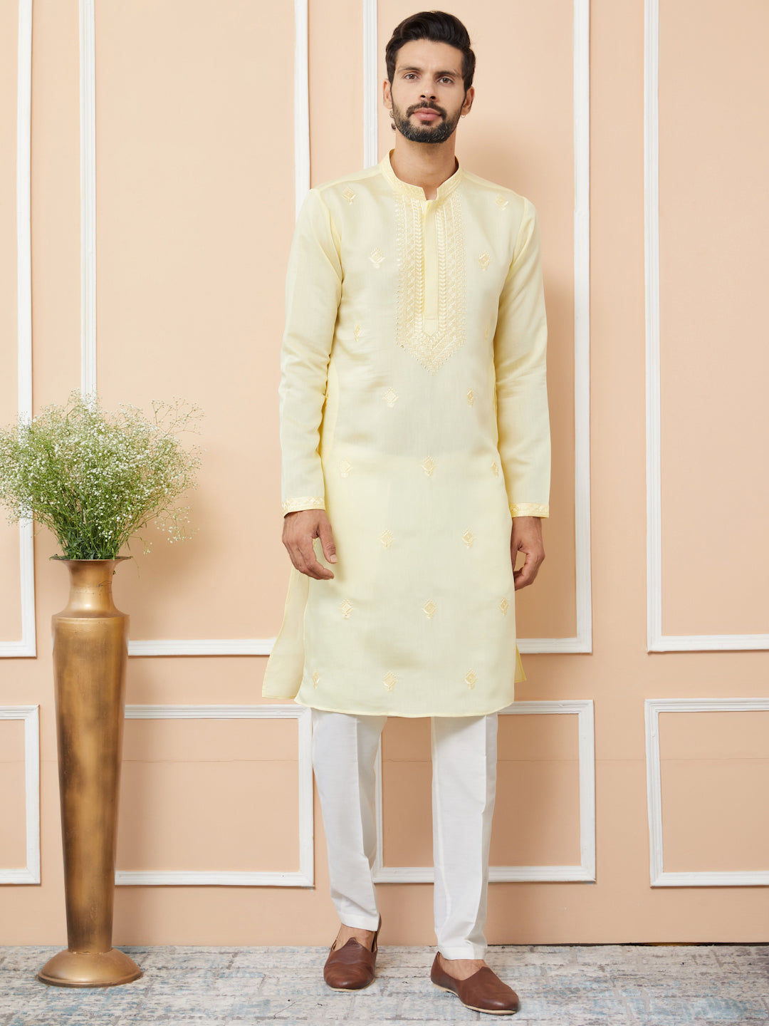 Yellow Embroidered Chanderi Silk Straight Kurta