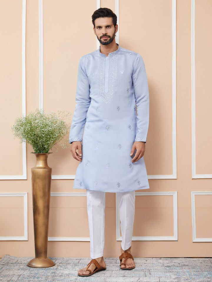 Blue Embroidered Chanderi Silk Straight Kurta