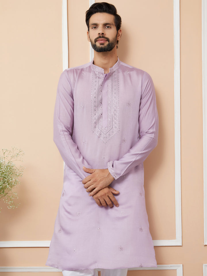 Lavender Embroidered Chanderi Silk Straight Kurta