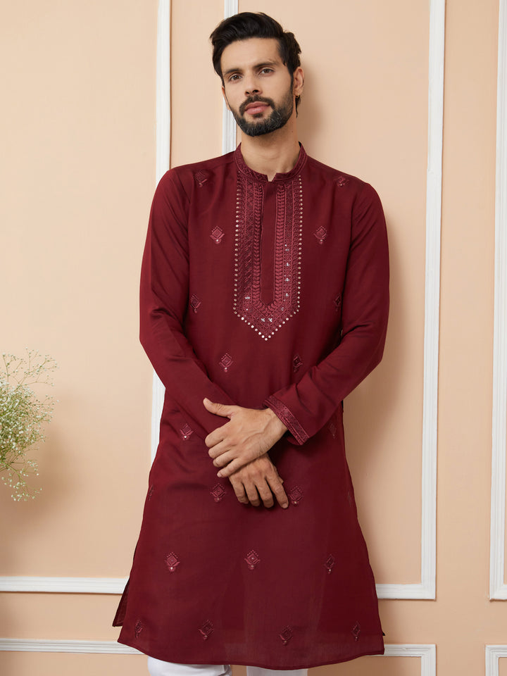 Dark Maroon Embroidered Chanderi Silk Straight Kurta