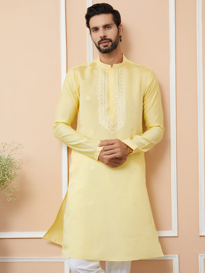 Yellow Embroidered Chanderi Silk Straight Kurta