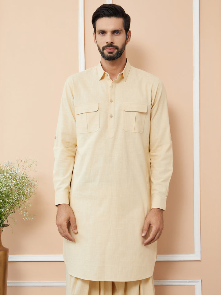 Beige Cotton Slub Pathani kurta with Salwar