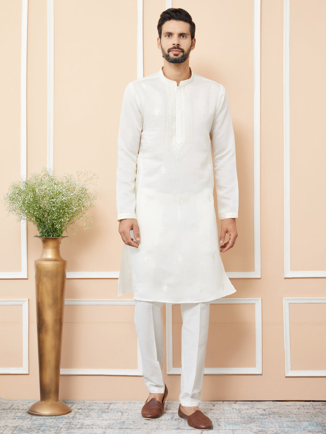 Off-White Embroidered Chanderi Silk Straight Kurta