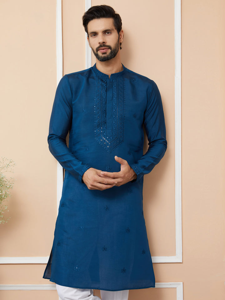 Navy Blue Embroidered Chanderi Silk Straight Kurta