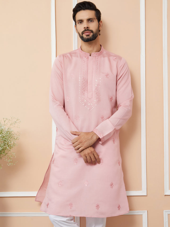 Pale Rose Embroidered Chanderi Silk Straight Kurta