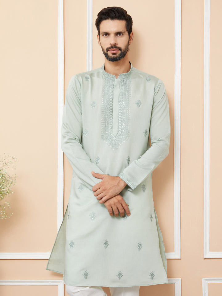 Pastel Green Embroidered Chanderi Silk Straight Kurta