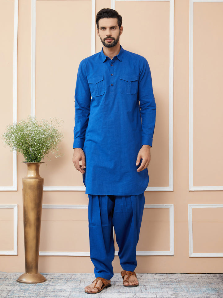 Blue Cotton Slub Pathani kurta with Salwar