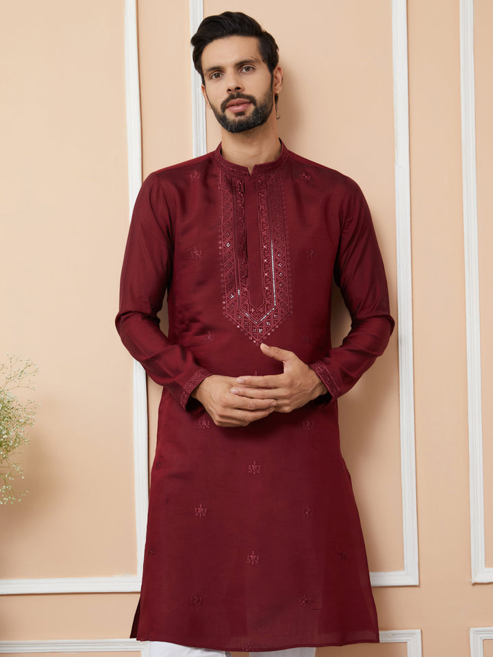 Maroon Embroidered Chanderi Silk Straight Kurta