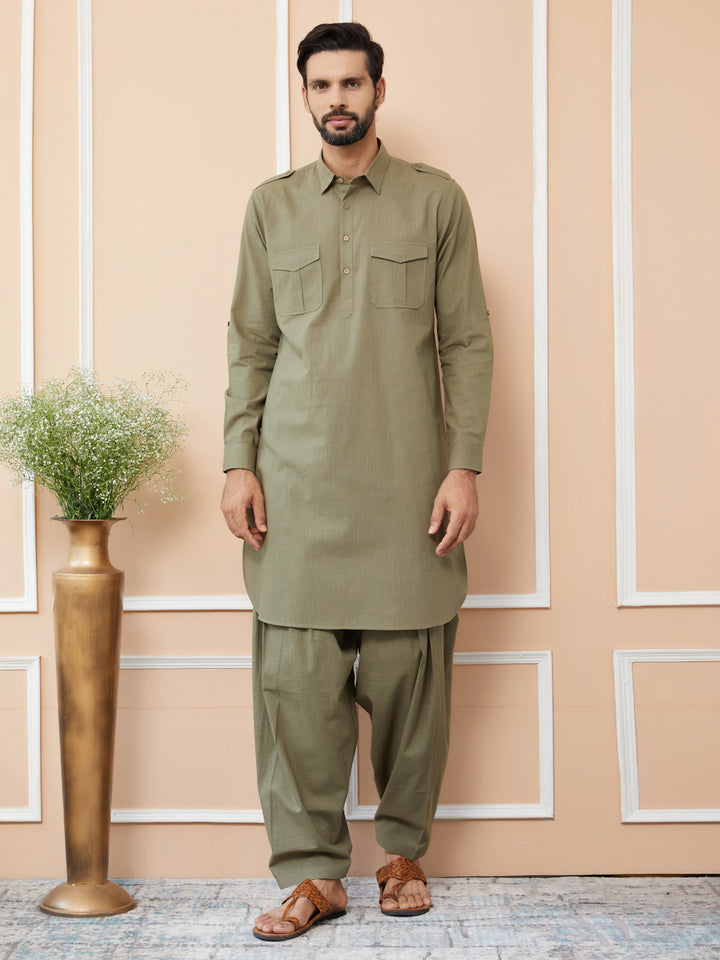 Olive Cotton Slub Pathani kurta with Salwar