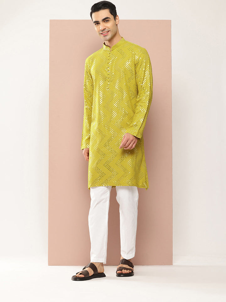 Men's Lime Green Sequin Embroidered Rayon Kurta, Paired with Pyjama