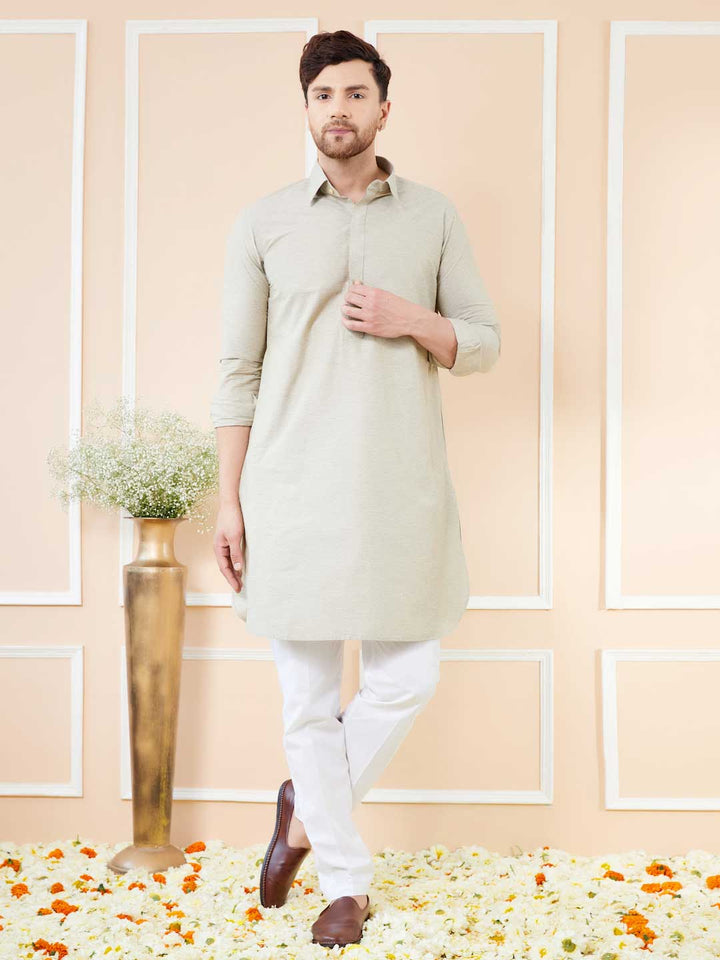 Cream Cotton Solid Pathani Kurta with Pyjama