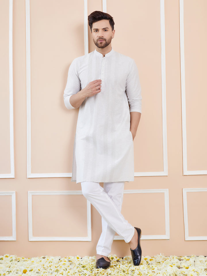 Men Off White Pintex Worked Cotton Silk Straight Kurta With Pyjama