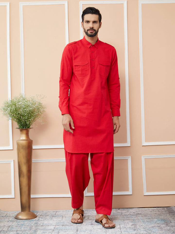 Red Cotton Slub Pathani kurta with Salwar