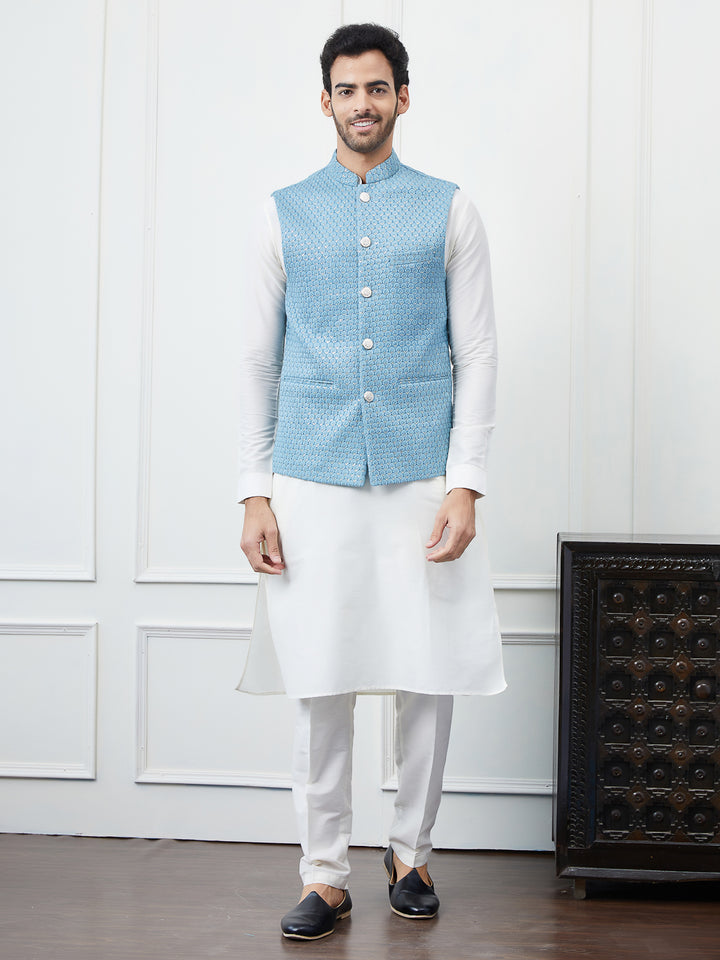 Pure Cotton Straight Kurta & Pyjama with Sequins Embroidered Nehru Jacket