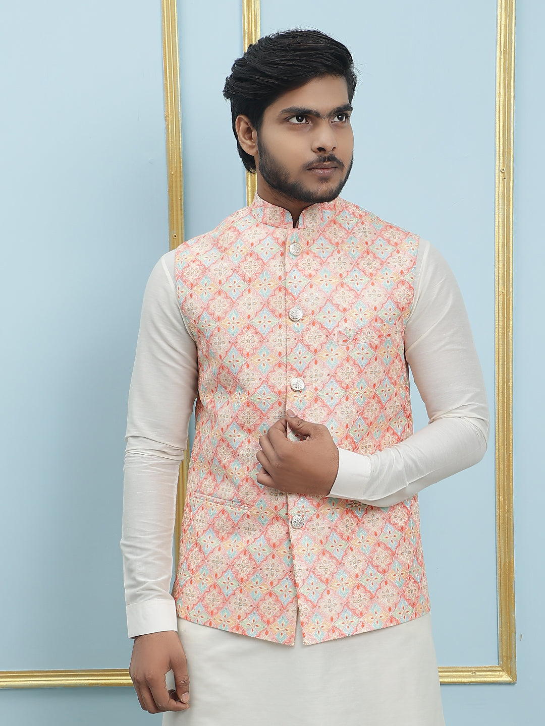 Pure Silk Kurta & Pyjama with Sequins Embroidered Nehru Jacket