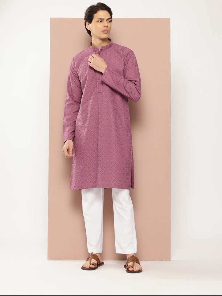 Men's Pink Sequin Embroidered Rayon Kurta, Paired with Pyjama