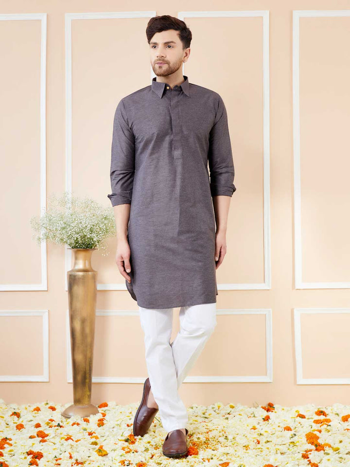 Grey Cotton Solid Pathani Kurta with Pyjama