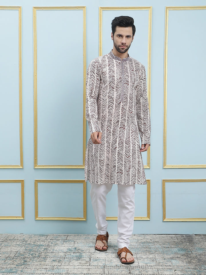 Printed Straight Cotton Silk Kurta with Embroidered Neck Design and Pyjama