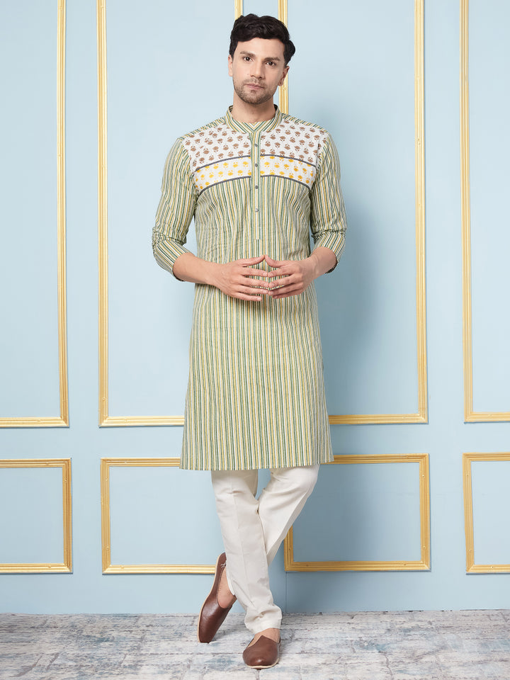 Green Striped Printed Kurta With Pyjama