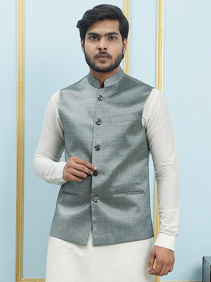 Pure Silk Kurta & Pyjama with Woven Jacquard Nehru Jacket