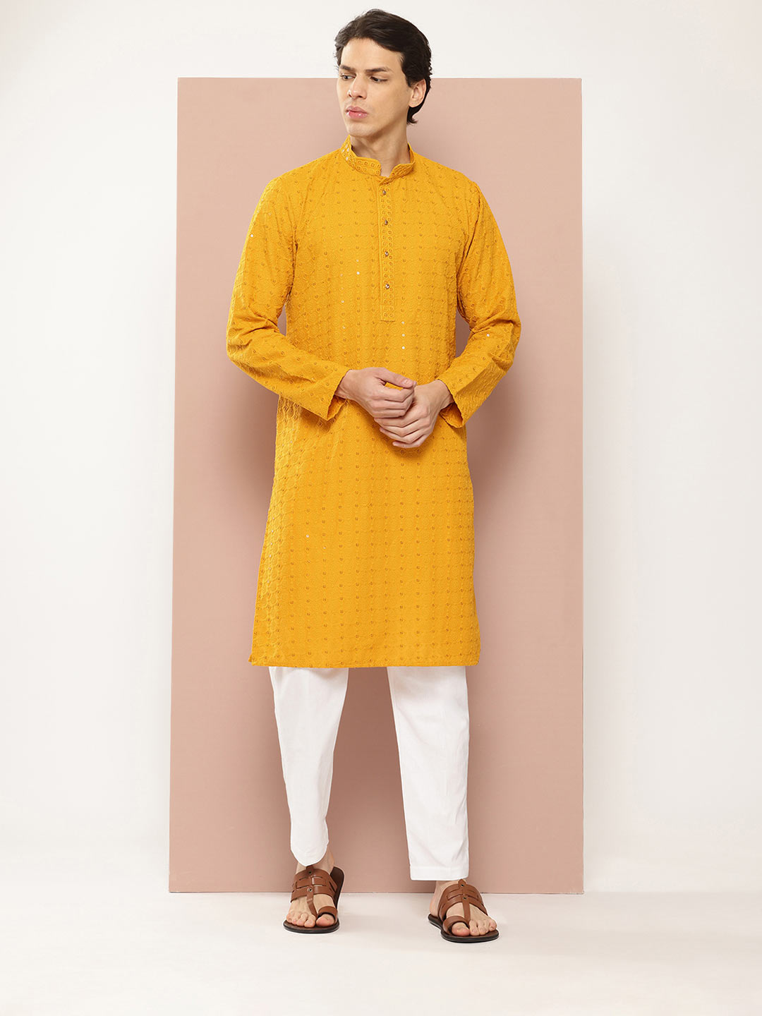 Men's Mustard Sequin Embroidered Rayon Kurta, Paired with Pyjama