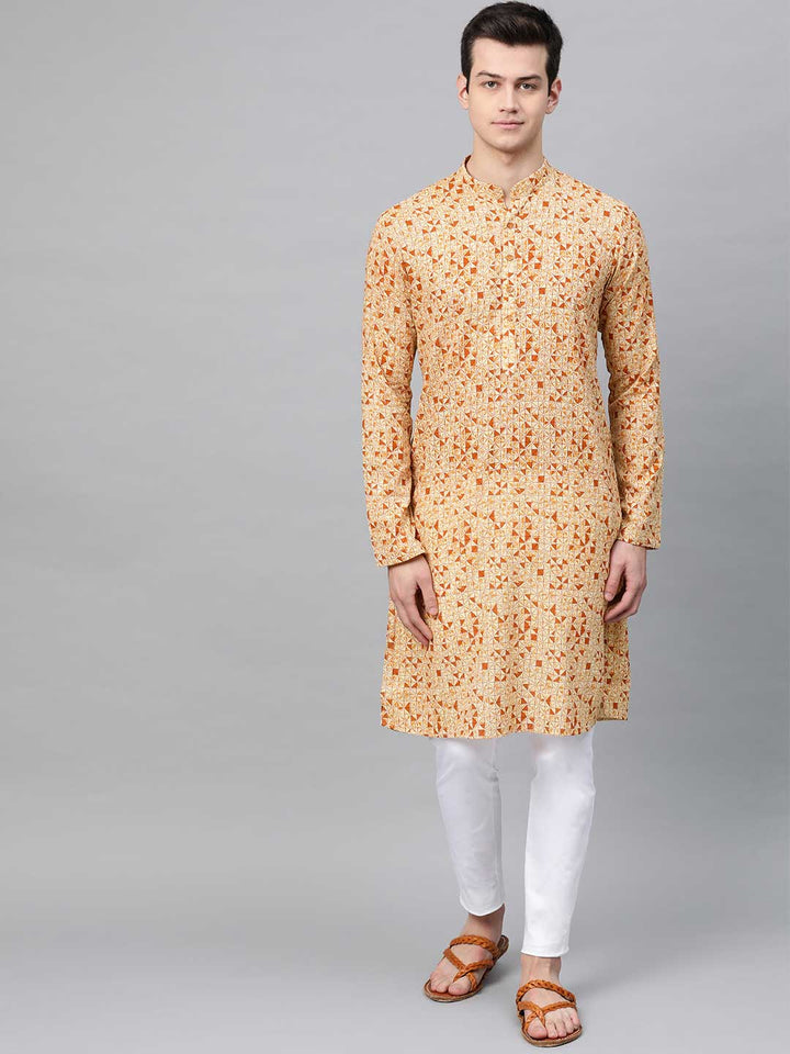 Cream-Rust Printed Cotton Straight Kurta